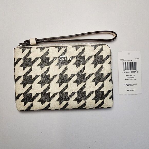NWT Coach CK431 Corner Zip Wristlet with Houndstooth Print Cream/Black - Picture 1 of 3